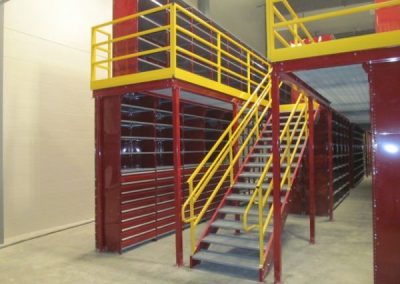red shelving with stair